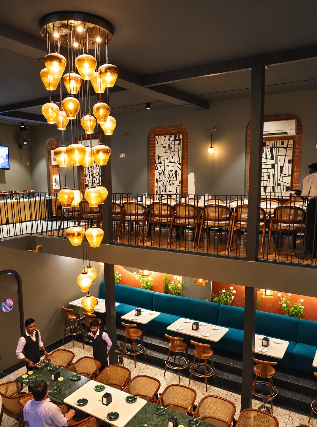 Both floors seen from above, glass lamps hanging through the middle
