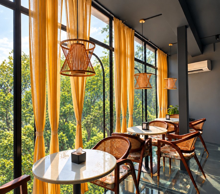 First-floor window tables in the sun, yellow curtains and cane chairs
